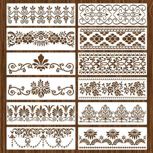 12pcs Vintage Art Pattern Painting Stencils Hollow Color Painting Stencils, Wall Photo Album Decoration Stencils, PET Material Washable, Reusable, Suitable For Watercolor Painting, Stone Painting, Graffiti Album, Scraping, Etc. Decorate On Walls, Paper, Textile Furniture Crafts Back To School,Mother's Day,Mom's Gift,Back To School,School Supplies