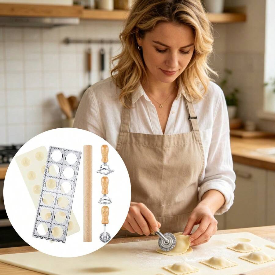 5pcs Ravioli Mold Set With Ravioli Maker Press, Pasta Cutter Stamp Maker And Rolling Pin, Pasta Making Tools For Pasta, Ravioli, Lasagna, Pie Pastry - View 1