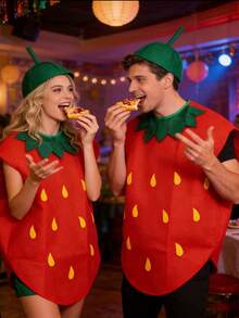 2pcs Christmas Party Performance Strawberry Costume Set For Men And Women, Includes Headpiece, Suitable For Various Holiday Parties And Youth Dances. Vibrant Red And Green Polyester Blend Fabric,Halloween - Multicolor - View 4