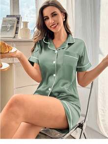 Conjunto de pijama de satén de seda de lujo para mujer, top de cárdigan con botones de manga corta y pantalones sueltos, ropa de estar en casa suave, lisa, de alta gama, sedosa y transpirabl - Albaricoque - Ver 11