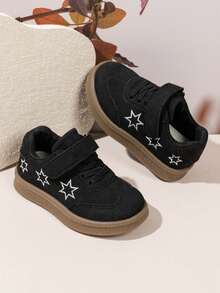 Children's Retro Style Sneakers Star Embroidery + Hook And Loop Design Easy To Put On And Take Off - Black - View 4