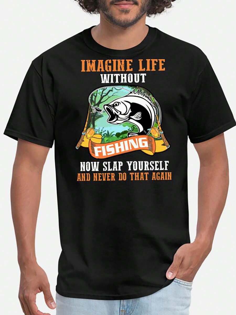 puro con cuello redondo, estilo casual, corte regular, tejido de punto, color sólido con detalles de apliques, camiseta con estampado "Imagina una vida sin pesca", camiseta de pesca de 180g. - Negro - Ver 1