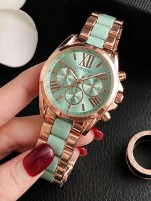 1 pieza Reloj de mujer de cuarzo de lujo premium en color oro rosa, elegante y de moda, con correa de acero inoxidable, esfera con números romanos, esfera plateada, adecuado para uso diario, fiestas y ocasiones de negocios, un regalo ideal para Navidad, cumpleaños, aniversario, Día de la Madre y talla grande. Reloj analógico de cuarzo oro rosa con correa de metal. - Blanco - Ver 16