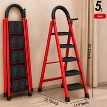 Five-Step Folding Step Stool, 500-Pound Weight Capacity, Sturdy Steel Structure, With Non-Slip Wide Steps And Handrails, Lightweight And Portable Household Ladder, Suitable For Home Kitchens, Pantries, Closets, And Offices - Red 5-step Folding Staircase - View 2