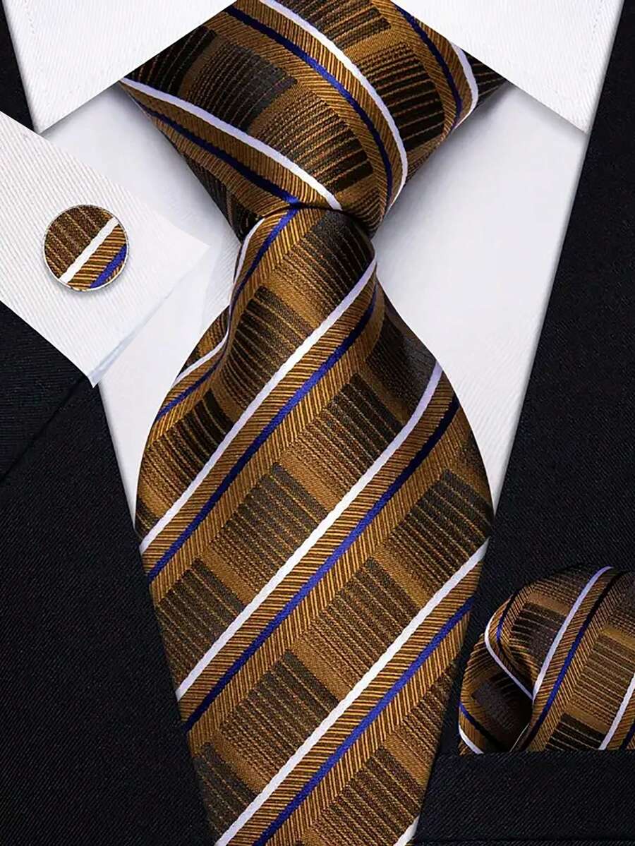 Men Tie Sets Classic Fashion Necktie Set With Cufflink For Business Party - Brown - View 1