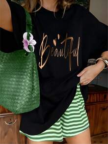 Elegant Gradient Gold Beautiful Lettering Heart Graphic T-Shirt, 100% Cotton Oversized Soft Breathable Inspirational Tee, Casual Crewneck Short Sleeve Top For Daily Wear & Gifts - 黑色 - 查看 10