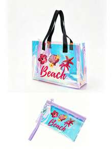 Holographic Rainbow Starfish & Shell Print Transparent Tote Bag, Colorful Transparent Beach Bag, Large Waterproof PVC Swimming Bag, Portable Transparent Travel Shoulder Bag, Lightweight Durable Pool Bag, Fashion Transparent Handbag Suitable For Beach Vacation, Swimming, Sports Training, Fitness, Travel, Daily Outings, Shopping, Mother's Day, Birthday, Anniversary, Party Gifts For Women, Girls, Moms, Friends, Summer Essential - Multicolor - View 15