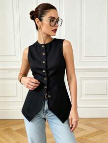 High-End Tailored Waist-Cinching Asymmetric Hem Round Neck Single-Breasted Sleeveless Commuter Vest Summer - Black - View 6