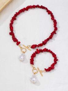 2pcs New Chinese Style Bright Red Crushed Stone & Baroque Pearl Jewelry Set, Niche Design OT Clasp Necklace & Bracelet, Holiday Gift Jewelry Set - Red and White - View 3