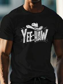 Camiseta de manga corta con cuello redondo para hombre, estampado de vaquero, casual y cómoda para el verano. - Negro - Ver 1