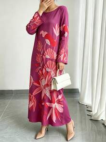 1pc Women's Orange Floral Print Casual Dress With Ruffle Sleeves, Elegant Arabic Style Maxi Dress, Luxury Party/Holiday/Vacation Dress, Perfect Gift For Mom, Daughter, Friend - Hot Pink - View 6