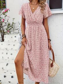 Floral Dress With Butterfly Sleeves And Leg Slit - Black - View 8