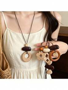 1pc Vintage New Chinese Woven Long Necklace For Women, High-End Bohemian Accessory To Match Clothing, Old Money Style - Necklace - View 4