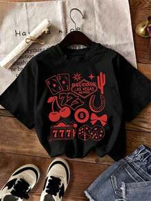 Women's White T-Shirt With Las Vegas Print, Spring/Summer Fashion. Features Cherry, Playing Card, Dice And Star Prints Combined With A Striking 777 Design. - 黑色 - 查看 5
