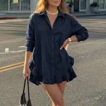 Women's Spring Casual Solid Color Front Button Ruffle Blouse Spring/Summer - Navy Blue - View 3