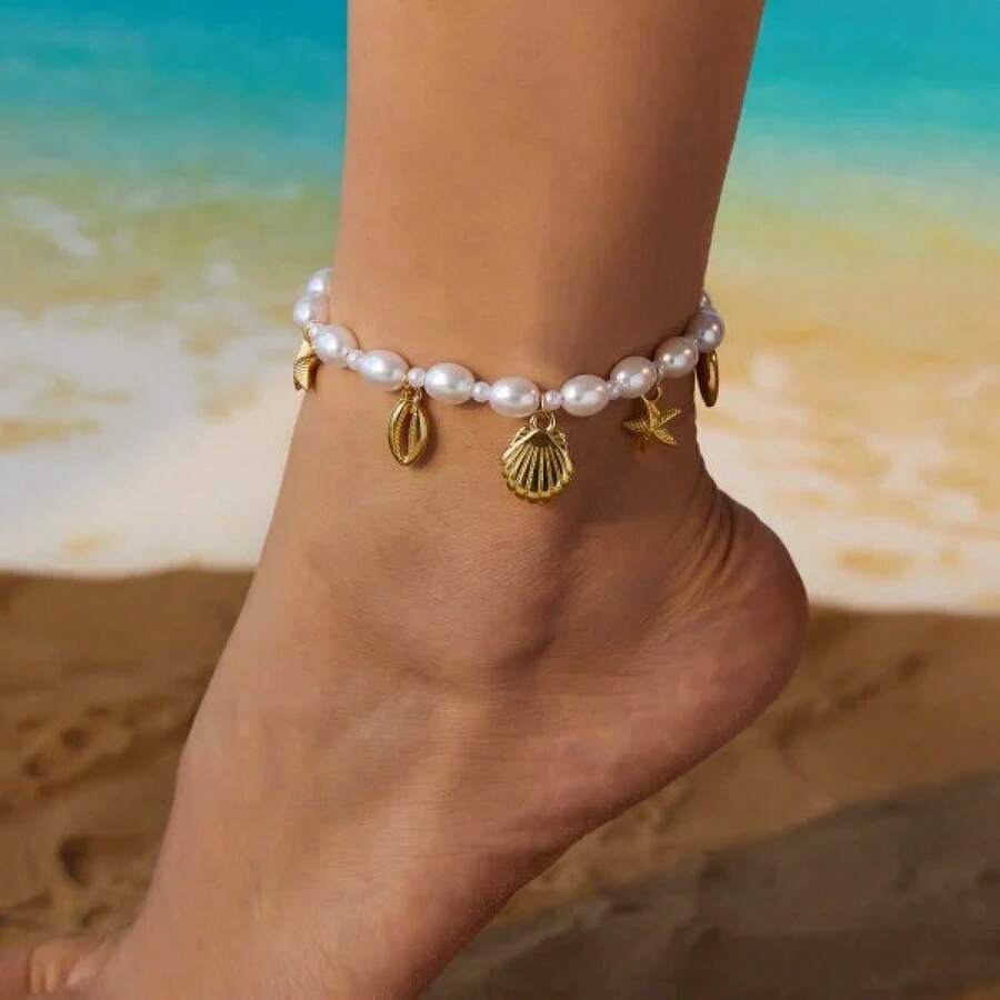 Women's Starfish Shell Anklets, Bohemian Ankle Bracelet, Rice Bead Leg Bracelet, Handmade Foot Chain, Bohemian Jewelry, Sandals, Gift - AK25Y0045 - View 1