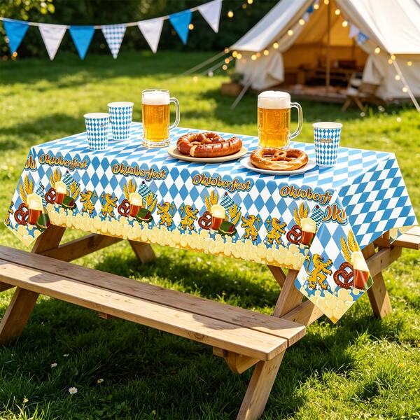 1pc Oktoberfest Tablecloth, Blue White Bavarian Checkered Disposable Plastic Table Cover With Beer Pretzel Lion Print, Rectangular Table Cloth For German Beer Festival, Oktoberfest Party Decorations Supplies,Oktoberfest Table Decor