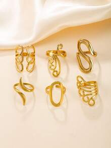 6pcs Stainless Steel 18K Gold Plated Abstract Line Open Ring Set, Bohemian Style Twisted & Swirl Gold Stackable Rings, Casual Versatile Anniversary Gift Set For Women - Gold - View 3