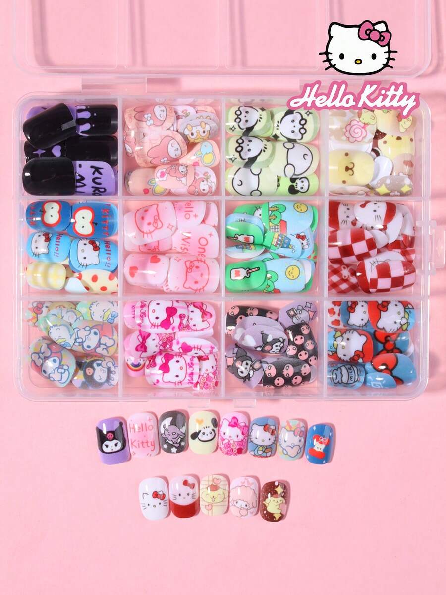 SANRIO 三麗鷗 Hello Kitty 288片/組 (12款混搭) 短方型法式穿戴式美甲貼，可愛3D Hello Kitty、酷洛米、大耳狗、布丁狗圖案設計，完美貼合壓克力假指甲組，適合女孩日常與派對美甲使用 - 彩色 - 查看 1