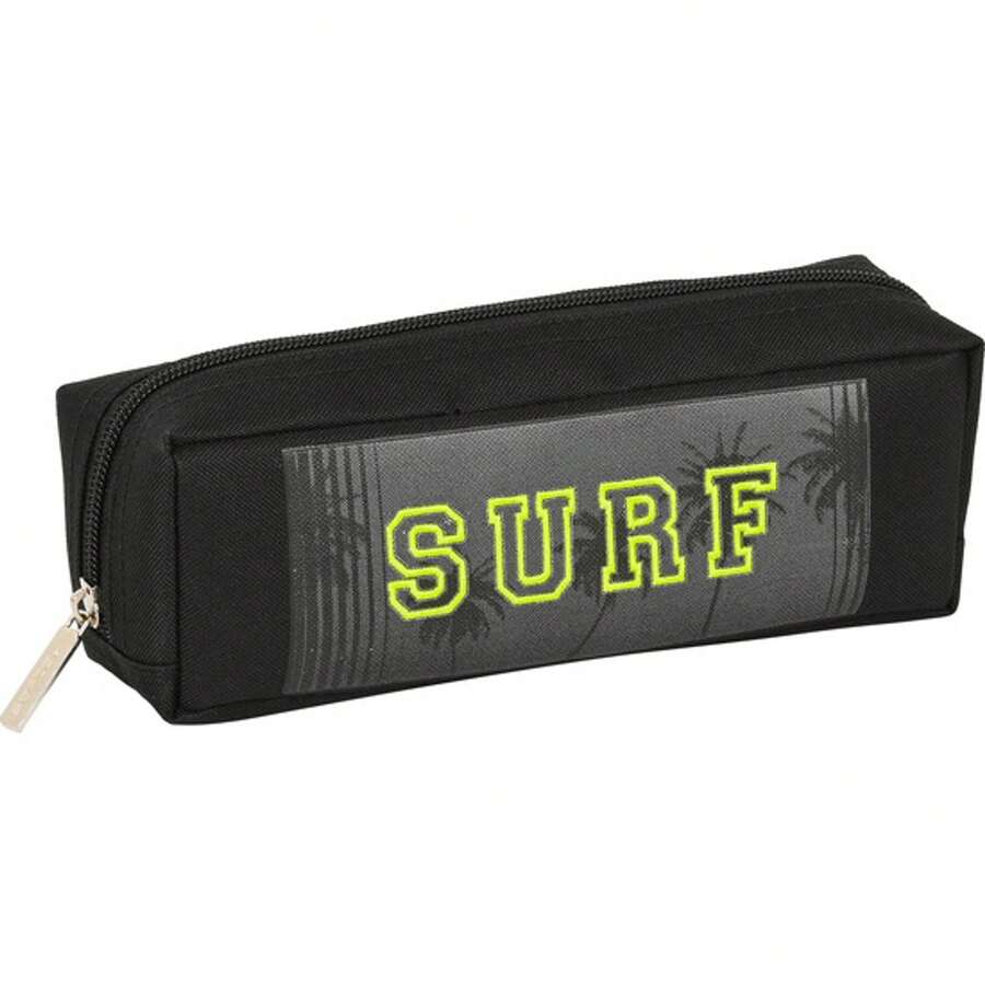 Safta | Flat Youth School Organizer Pencil Case With 1 Compartment And Zipper, Black Design With Text "" In Green, Pencil Case For Back To School - Option 3 - View 1