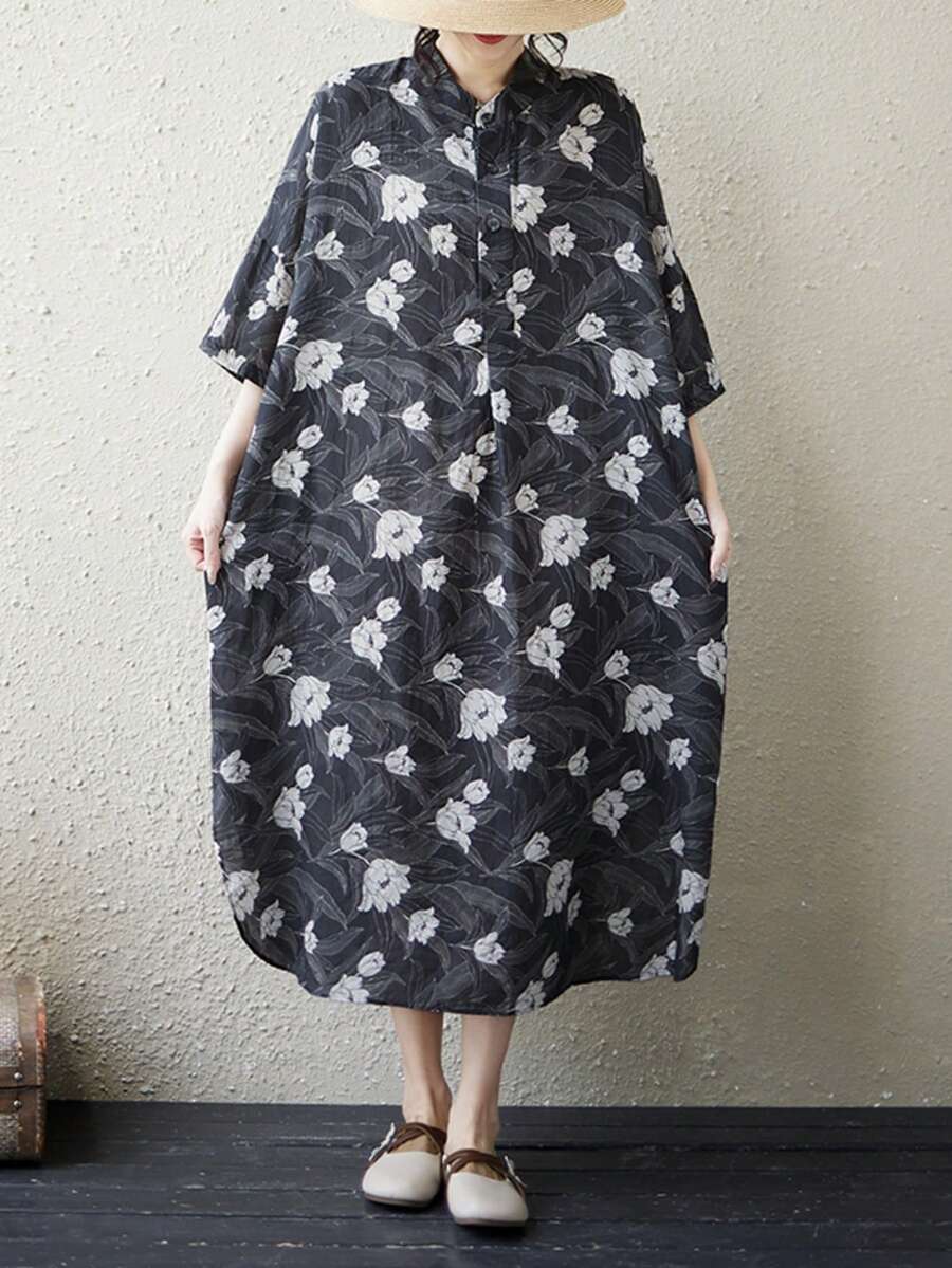 AZAH 萬聖節優雅舞會夏季女款優雅提花花卉圖案洋裝,短袖中長度休閒洋裝,波希米亞風沙灘洋裝 - 黑色 - 查看 1