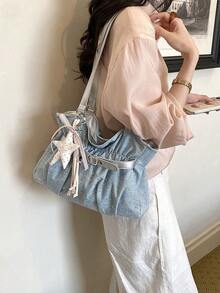 New Fashion Casual Solid Color Denim Fabric Tote Bag Star Pattern Pleated Fabric Women's Shoulder Bag - Baby Blue - View 2