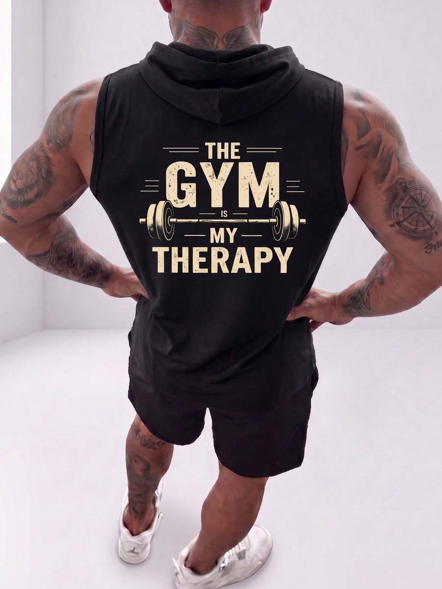 ZYNTH BALENO Men's Fashionable "GYM" Print Sleeveless Hoodie T-Shirt, Suitable For Daily Wear And All Seasons Sports - Black - View 1