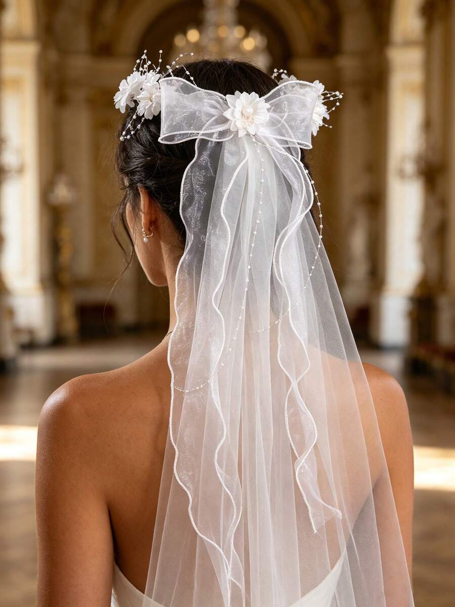 1Pc Bohemian Style Flower Pearl Veil, French Vintage Bridal Flower Crown, Wedding/Photoshoot/Vacation Head Accessory - Multicolor - View 1