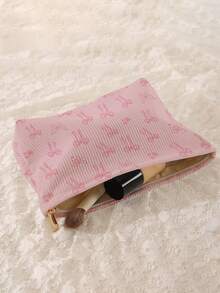 1 pieza Bolsa de almacenamiento de cosméticos portátil con patrón de lazo, impresa por ambos lados, estuche de maquillaje con cremallera para viaje, bolsa organizadora de artículos de tocador multifuncional - Multicolor - Ver 4
