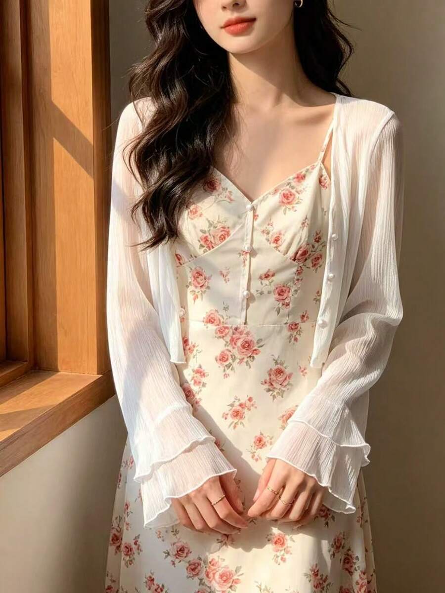1 Peça Cardigan Transparente Fino de Verão para Mulheres, Xale para Camisete, Top de Proteção Solar de Manga Longa para Praia - Multicolorido - Visão 1