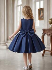 Young Girl Royal Blue Elegant Round Neck Beaded Decor Pleated Bow Tie Satin Short Dress For Birthday Party Celebration Wedding Flower Girl Princess Dress Prom Dress Back To School Graduation Ceremony Banquet Evening Gown - Royal Blue - View 8