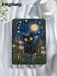 梵谷星夜圖案黑貓平板保護殼，相容於 iPad 9.7/10.2/10.5/10.9/12.9/Pro 11、第10代、Galaxy Tab S6 Lite 10.4"、Kindle Paperwhite 第12代 2024、Kindle (第11代) 2022，柔軟防震保護，智慧支架/自動喚醒/休眠 - 彩色 - View 3