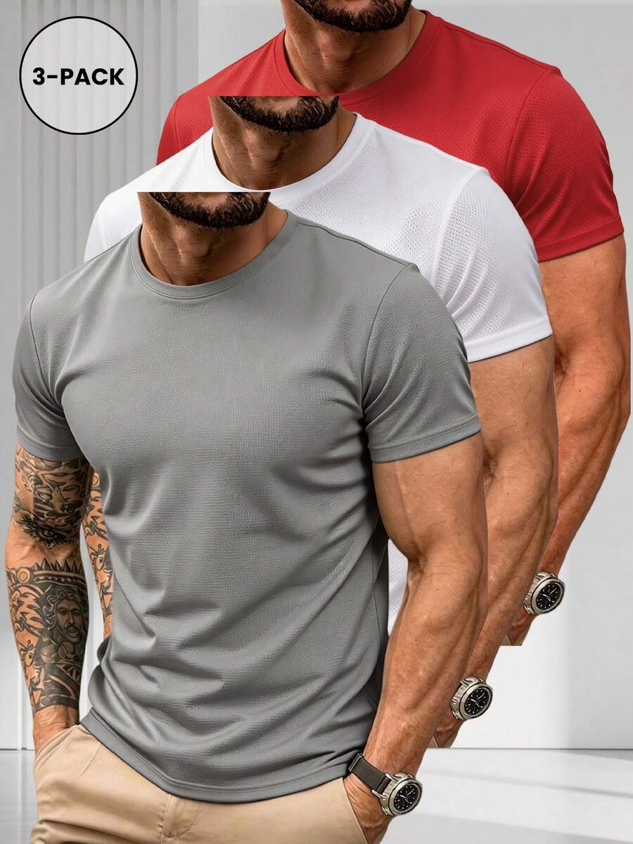 3pcs/Set Kaos Olahraga Pria Musim Panas Cepat Kering - Lengan Pendek Kerah Bulat Aneka Warna, Atasan Serbaguna yang Bernapas, Cocok untuk Kebugaran dan Lari - MultiWarna - View 1
