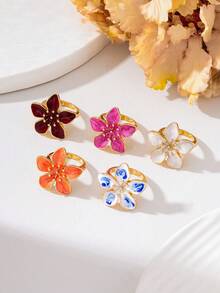 1pc Women's Enamel Geometric Flower Ring - Five-petal Flower Ring - View 3