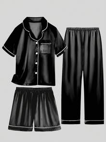 Tween Boy Black Mottled Collar Short Sleeve Single-Breasted Top And Shorts/Pants Casual Pajama 3-Piece Set - Black - View 2