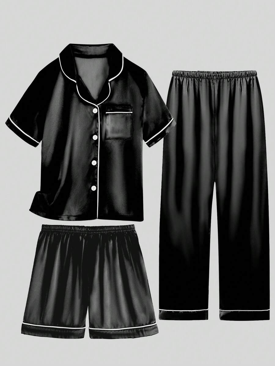 Tween Boy Black Mottled Collar Short Sleeve Single-Breasted Top And Shorts/Pants Casual Pajama 3-Piece Set