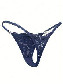 1 Tangas de Encaje Floral| Ropa Interior y Lencería Sexy para Mujer con Detalles de Encaje en Contraste, Transpirables y Cómodas con Lazo Abierto - Azul - Ver 3