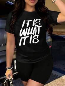 Camiseta con estampado textil de aspecto desgastado natural, prenda exterior minimalista y holgada para mujer, ideal para el día a día; pantalones cortos con cuello para el verano; ropa cómoda para el día a día y para estar en casa. - Negro - Ver 1