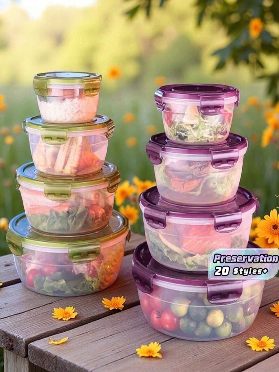 1個紫色與綠色透明密封食品儲存容器，圓形保鮮容器附蓋，最佳保鮮食品容器，塑膠攪拌碗，可堆疊防漏可重複使用廚房儲存容器，適用於微波爐、冰箱和洗碗機，適合儲存歐芹、水果、麵包、雞蛋等