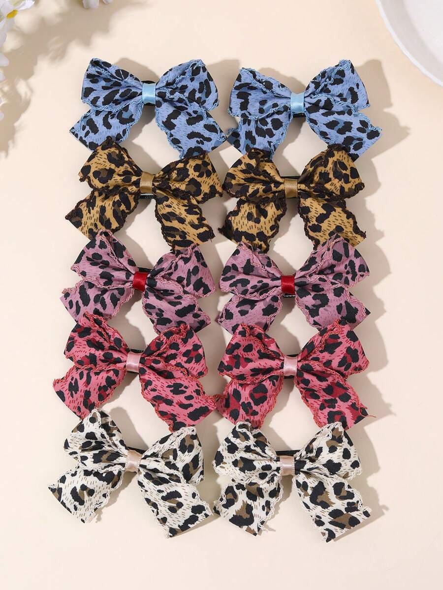 10pcs/2pcs Multicolor Leopard Print Polka Dot Bow Hair Clips, Fabric Versatile Barrettes, Suitable Hair Accessories Gift For Girls Teens Daily&School Wear - Multicolor - View 1