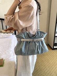 New Fashion Casual Solid Color Denim Fabric Tote Bag Star Pattern Pleated Fabric Women's Shoulder Bag - Baby Blue - View 6