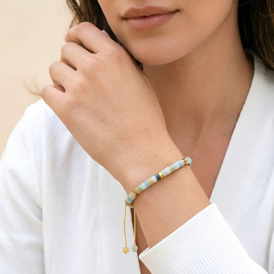 1 Pc Natural Amazonite Stone Bracelet Women Emotional Healing Yoga Lucky Jewelry,Handmade Adjustable, Send Family And Friends Perfect Holiday Gift - Amazonite - View 1