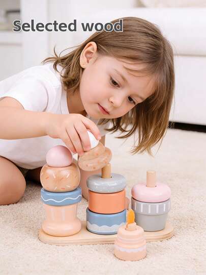 Wooden Realistic Cake Dessert Imagination Creative Matching Puzzle, Boys & Girls Simulated Food Stacking Rings, DIY Ice Cream Stacking Early Education Game, Exquisite Color Box Packaging, Suitable For Birthday, Halloween, Christmas, New Year Gifts