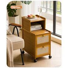 New Narrow Bamboo Bedside Table With Drawers, Modern Minimalist Style Small Bedside Cabinet On Wheels | Suitable For Storage In Small Bedroom Spaces | Sturdy Multifunctional Movable Side Table For Bedroom/Study/Living Room - Wood - View 3