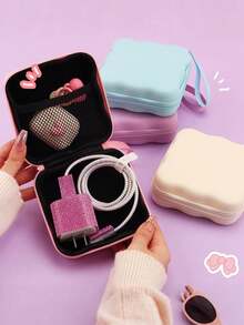 1pc Cute Pastel Data Cable Storage Bag, Portable Mini Zipper Organizer Pouch With Wrist Strap, Multi-Purpose Travel Storage Case For Cables & Accessories - Multicolor - View 2