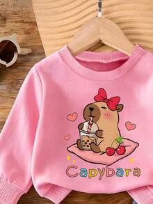 Young Girl Cartoon Print Crew Neck Long Sleeve Warm Sweatshirt And Denim Jeans - Pink - View 3