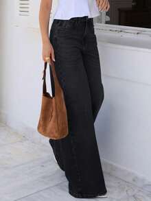 Jeans de pierna recta holgados con bolsillos para mujer, primavera/verano, diseño lavado simple y casual, estilo bohemio elegante, adecuado para uso diario y cenas - Negro - Ver 1