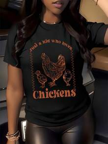 Gallina con pollitos representa amor por granja y campo siendo una camiseta de mujer muy alegre ideal para paseos casuales diarios - Negro - Ver 8