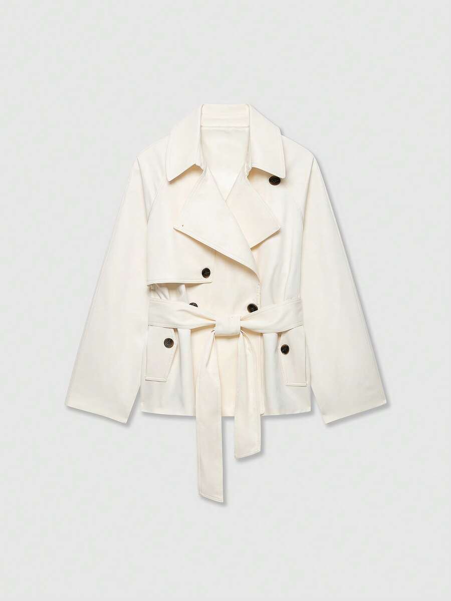 Old Money Lace-Up Retro Minimalist Short Trench Coat - Apricot - View 1