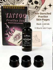 Tattoo Practice Set - 10 Pre-Drawn Tattoo Practice Skin Sheets, 60ml True Black Tattoo Ink, 3 Black Basic Ink Cups, Suitable For Beginners And Artists - Multicolor - View 13